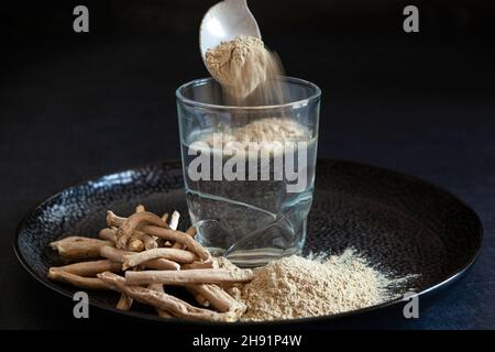 Withania somnifera, known as ashwaghanda, Indian ginseng, or winter cherry is a detox plant. Healthy supplement. Stock Photo