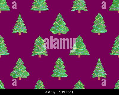 Seamless pattern with decorated Christmas trees. Christmas trees decorated with garlands and balls. Festive design for greeting cards, posters and ban Stock Vector
