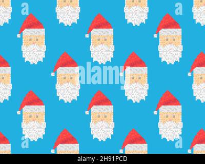 Pixel art Santa Claus seamless pattern. Pixel Santa Claus icon set in retro style 8 bit graphics. Festive design for greeting cards, posters and banne Stock Vector