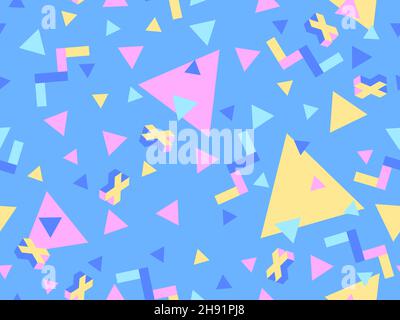Geometric seamless pattern in 80s memphis style. Geometric shapes with strokes. Abstract colorful background. Design for brochures, banners and promot Stock Vector