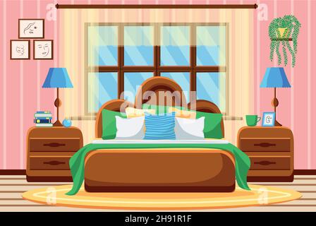 Bedroom with furniture and a window. Paintings and plants on the wall, lamps and bedside tables. Interior. Flat style illustration. Stock Vector