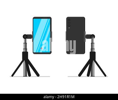 Smartphone on tripod vertical stand front and back view set. Mobile phone on rack. Video blogger equipment stationary holder. Professional stable vlogger device. Vector isolated eps illustration Stock Vector