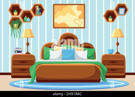 Bedroom with furniture and a window. Paintings and plants on the wall, lamps and bedside tables. Interior. Flat style illustration. Stock Vector