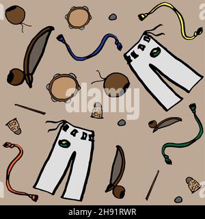 Capoeira training equipment set with instruments and pants. Funny vector illustration seamless pattern Stock Vector