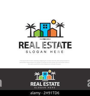 Colorful real estate vector logo design, house with outline, sun, coconut tree, beach, unique and relaxing, template, icon, symbol, illustration Stock Vector