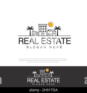 Real estate vector logo design, cute house with lines, sun, coconut trees, beach, unique and relaxing, templates, icons, symbols, illustrations Stock Vector