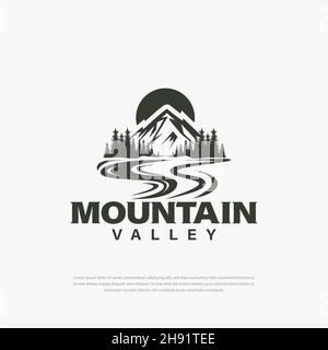 Simple logo design mountain peaks and valleys, rivers, trees templates, mountain logo illustrations Stock Vector