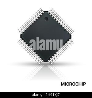 Microchip. Computer CPU. Microprocessor. 3D realistic illustration. Isolated on a white background. Vector. Stock Vector