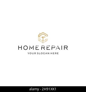 minimalist HOME REPAIR hexagon hammer Logo design Stock Vector