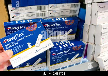 Genrui and Flowflex Sars Cov 2 Antigen Rapid Test Self Testing Kit swab for sale in shop in Ardara, County Donegal, Ireland Stock Photo