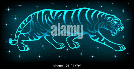 Neon tiger 2022. Symbol of the New Year according to the eastern calendar. Bright wild predator on a dark background. For postcards, calendars for Chr Stock Vector