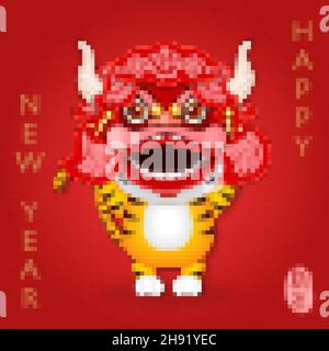 2022 Chinese new year of cute cartoon tiger with dragon lion dance costume. Chinese translation : New year Stock Vector