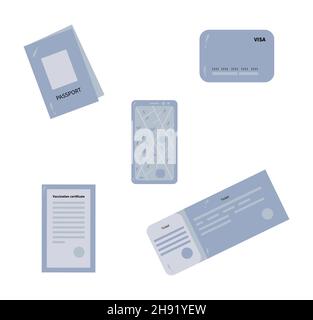 A set of necessary documents for traveling in the new year. Such as passport or payment card and smartphone or transport ticket and vaccination certificate. life style. Out door. Vector illustration Stock Vector