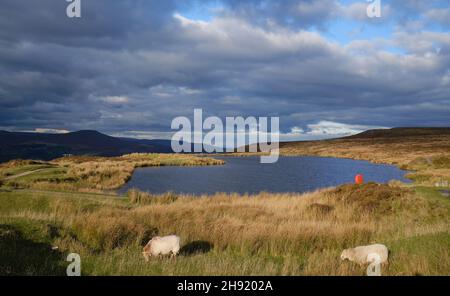 Storm clouds over Keepers Pond near Blaenavon in Wales Stock Photo