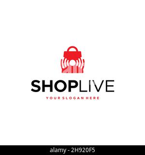 flat SHOPLIVE signal shopping bag logo design Stock Vector