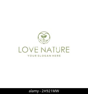 minimalist LOVE NATURE plants leaves logo design Stock Vector