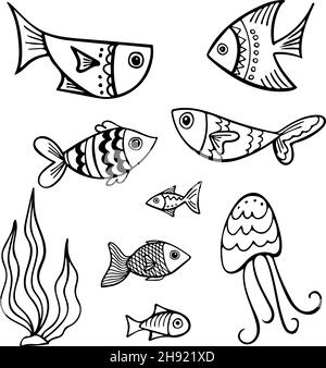 Set of black and white fishes in doodle ink style Stock Vector