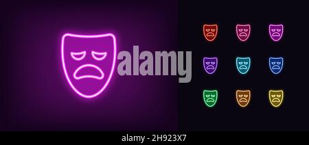 Neon tragedy mask, outline icon. Glowing neon drama mask, sad face pictogram in vivid colors. Dramatic theatrical performance, tragedy show, sadness f Stock Vector