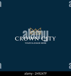 flat CROWN CITY building house roof logo design Stock Vector