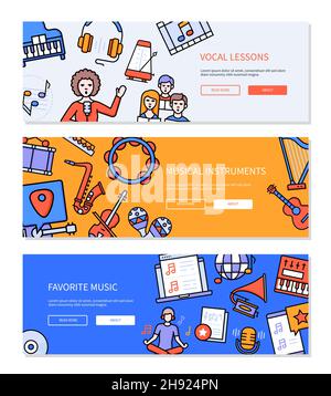 Music collection - three vector flat design style banners with copy space for text. Vocal lessons, instruments and favorite tunes. The teacher teaches Stock Vector