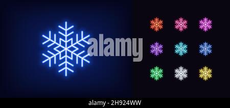 Outline neon snowflake icon. Glowing neon snowflake sign, snow pictogram in vivid colors. Ice crystal flake, frost winter season, geometric snowflake Stock Vector