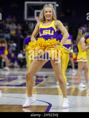 Los Angeles, USA. 02nd Dec, 2021. December 2, 2021: A LSU cheerleader performs during a time out during NCAA Women's Basketball action between the Iowa St. Cyclones and the LSU Tigers at the Pete Maravich Assembly Center in Baton Rouge, LA. Jonathan Mailhes/CSM Credit: Cal Sport Media/Alamy Live News Stock Photo