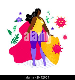 Virus protection - colorful flat design style illustration with a female character. A woman standing in a red cape with a yellow shield. Preventive me Stock Vector