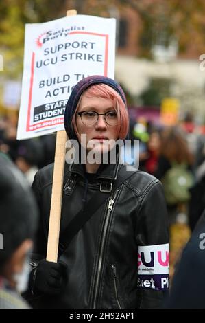 London, UK. 03rd Dec, 2021. 2021-12-03, London, UK. Supporters of university staff who are on strike over pay and pension issues, gather outside at Tavistock Square in London for a march to at Bank for a rally. Credit: Picture Capital/Alamy Live News Stock Photo