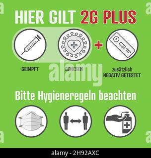 Covid 2G PLUS rules and hygiene measures in German language, access only for vaccinated (GEIMPFT) and recovered (GENESEN) persons with additional Stock Vector