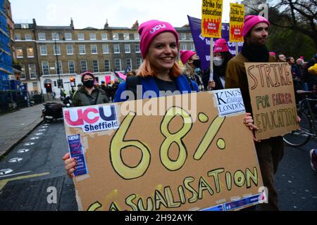 London, UK. 03rd Dec, 2021. 2021-12-03, London, UK. Supporters of university staff who are on strike over pay and pension issues, gather outside at Tavistock Square in London for a march to at Bank for a rally. Credit: Picture Capital/Alamy Live News Stock Photo