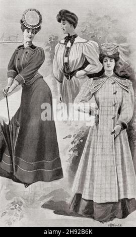 Early 20th century fashion advertisement for holiday wear.  Serge coat, Simple shirt, Ideal Wrap.  From The World and his Wife, published 1906 Stock Photo