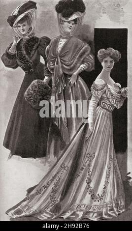 Early 20th century fashion advertisement for Autumn Modes, Indoor and Outdoor, including The Modified Empire Gown.  From The World and his Wife, published 1906 Stock Photo