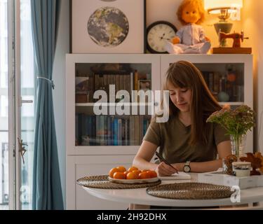 Making list of presents to buy for christmas. Woman writing in notebook in cozy room at home Stock Photo