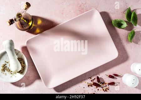 set of empty plates on the table. serving Stock Photo