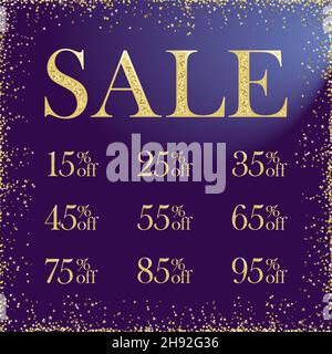 Sale numbers logotypes. Collection shining glitter gold coloured signs. Market discounts up to ninety five % percent off on square dark ultra violet b Stock Vector