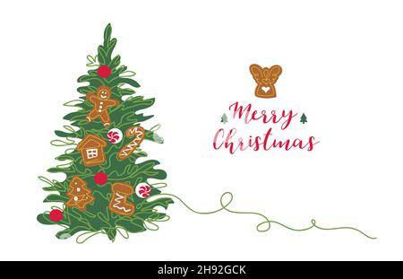 Christmas tree, pine tree, fir, spruce. One continuous line art drawing. Vector color card, background, banner, poster for xmas celebration Stock Vector