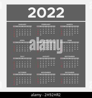 Simple editable 2022 сalendar design.Dark color 2022 calendar vector template. Stock Vector
