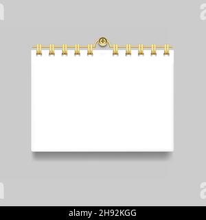Wall calendar for planning with gold metal spring hanging from a nail. Layout for use in advertising. 3D realistic illustration. Isolated on a light b Stock Vector