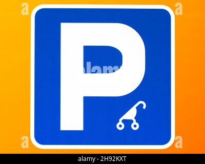 Stroller Reserved Parking Sign with an image of baby stroller. Push chair sign. Stock Photo