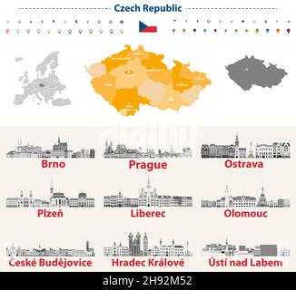 Czech skylines in grayscale color palette. Flag and map of Czech Republic Stock Vector