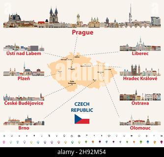 Map of Czech Republic with main cities skylines vector illustration Stock Vector