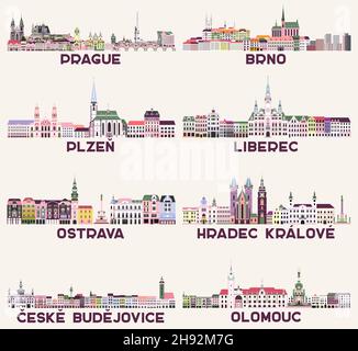 Czech Republic main cities cityscapes in rich pastel bright colorful palette. Magic aesthetics style Stock Vector