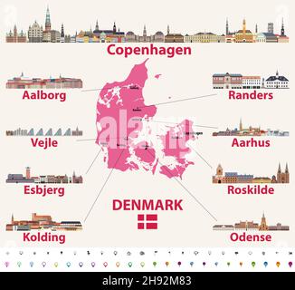 Denmark map with main cities skylines vector illustration Stock Vector