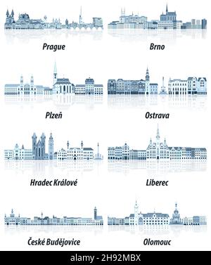 Czech Republic main cities cityscapes in tints of blue color palette. Crystal aesthetics style Stock Vector