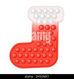 Christmas popit trendy fidget toy - traditional holiday sock in red and white colors. New Year stocking colorful pop it toy. Bubble sensory fashionabl Stock Vector