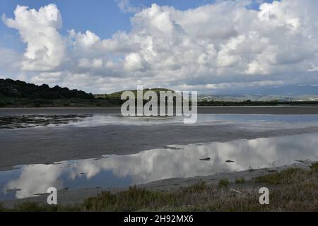 Natural landscape with panoramic view of Gialova Lagoon a protected area of the network Natura 2000 in the municipality of Pylos Messinia Greece. Stock Photo