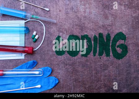 Sign displaying Coding. Business approach assigning code to something for classification identification Writing Prescription Medicine Laboratory Stock Photo