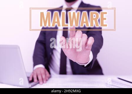 Writing displaying text Malware. Word Written on malicious software or file that is harmful to a computer user Remote Office Work Online Presenting Stock Photo