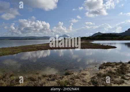 Natural landscape with panoramic view of Gialova Lagoon a protected area of the network Natura 2000 in the municipality of Pylos Messinia Greece. Stock Photo
