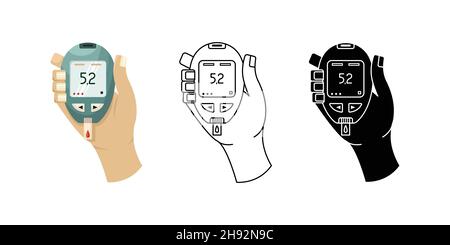 Vector illustration of a device for measuring blood sugar levels at home. Glucose meter for diabetics. Flat, simple style, line art Stock Vector